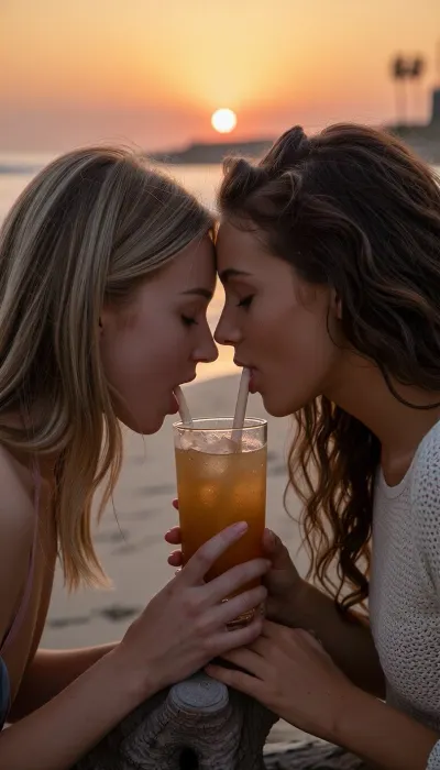 A spontaneous, intimate candid close-up shot taken with an 85mm f/1.4 lens on 35mm color film. Natural late-day lighting features the golden, low-angle glow of the setting sun.

On a California beach at dusk, two naturally beautiful 24-year-old female friends sit facing each other. One has long blonde hair catching the evening's golden highlights, the other has thick, wavy brown hair.
They lean toward one another over a small driftwood table, sharing a tropical cocktail from a large amber-glass tumbler, each sips through a straw dipping into the glass. The straws may be slightly angled near their faces to fit naturally into their mouths. Their faces are very close, they have tender smiles, expressing sincere love. The blonde woman wears a swimsuit, while the brunette wears a fine-knit top with a style that is casual yet refined.

In the background, the beach stretches out gently with low waves and soft surf. The sky is ablaze with a gradient of warm hues—ranging from amber-orange to dusty pink—as the sun hangs low on the horizon, poised to dip into the sea, the sunset is both magnificent and romantic. Faint silhouettes of palm trees are visible in the distance. Subsurface skin scattering, ultra-detailed epidermal texture with visible pores and natural micro-relief, subtle expression lines at the corners of the eyes, tiny condensation droplets on the cocktail glass, high micro-contrast, raw color balance, absolute optical sharpness on faces, very soft background blur, (bokeh), .
