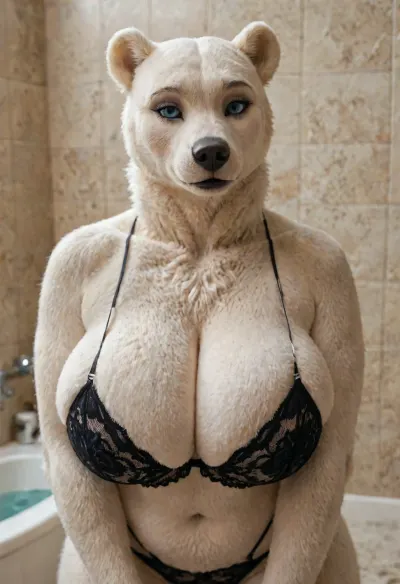 Simple background, masterpiece, high quality, best quality, Beautiful art, 1Girl, anthro female, polar bear woman, anthrofied, ursine, Beautiful face, long snout, bald, blue eyes, white fur, black nose, bathroom, (white body), horny, huge breasts, finger claws, busty figure, makeup, thick lips, black lips, (female wearing black lingerie clothing, massive cleavage), top pull, (((furry art, anthro woman))), dynamic view, 8k resolution, high definition, ultra high clarity, <lora:add-detail-xl:1.2>, <lora:LCMTurboMix_Euler_A_fix:.8>