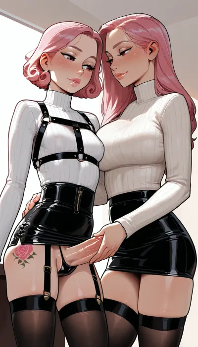 ((two woman, step-mom and step-daughter, mom futa with dick)), perfect lighting, ultra realistic, 8k resolution, ultra detailed, instagram model, professional photography, One-piece turtleneck satin sweater, black stockings, skirt, ((sexy tattoo)), Sleek Straight curly pink Hair Back, medium chest, nordic, playful, freckled face, slim body, lifelike face, real face, incase, style, wrapped, in, leather, straps, harnesses, and, garters, harness, naitaopidai, <lora:FF-Latex.ID-XL-011.bf16:.8>, <lora:Incase_Style__SDXL:.8>, <lora:naitaopidai_XL_reg0_:.8>