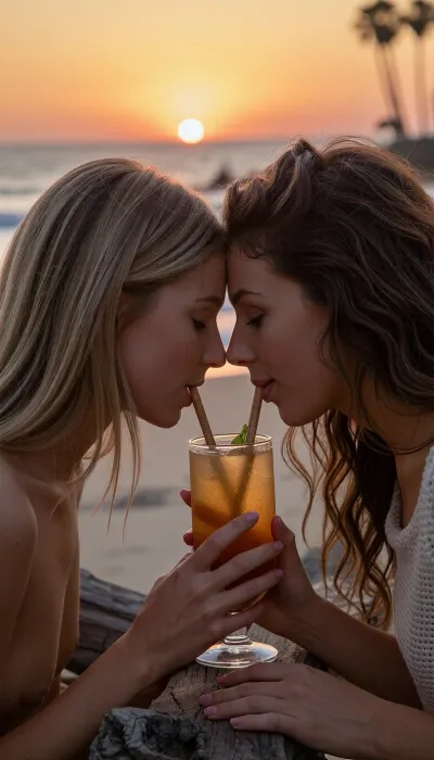 A spontaneous, intimate candid shot taken with an 85mm f/1.4 lens on 35mm color film. Natural late-day lighting features the golden, low-angle glow of the setting sun.

On a California beach at dusk, two naturally beautiful 24-year-old female friends sit facing each other. One has long blonde hair catching the evening's golden highlights, the other has thick, wavy brown hair.
They lean toward one another over a small driftwood table, sharing a tropical cocktail from a large amber-glass tumbler, each sips through a straw dipping into the glass. The straws are slightly angled near their faces to fit naturally into their mouths. Their faces are very close, they have tender smiles, expressing sincere love. The blonde woman wears nothing, while the brunette wears a fine-knit top with a style that is casual yet refined.

In the background, the beach stretches out gently with low waves and soft surf. The sky is ablaze with a gradient of warm hues—ranging from amber-orange to dusty pink—as the sun hangs low on the horizon, poised to dip into the sea, the sunset is both magnificent and romantic. Faint silhouettes of palm trees are visible in the distance. Subsurface skin scattering, ultra-detailed epidermal texture with visible pores and natural micro-relief, subtle expression lines at the corners of the eyes, tiny condensation droplets on the cocktail glass, high micro-contrast, raw color balance, absolute optical sharpness on faces, very soft background blur, (bokeh), .