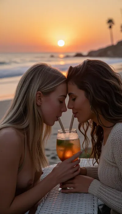A spontaneous, intimate medium shot from head to torso, taken with an 85mm f/1.4 lens on 35mm color film. Natural late-day lighting features the golden, low-angle glow of the setting sun.

On a California beach at dusk, two naturally beautiful 24-year-old female girlfriends sit facing each other. One has long blonde hair catching the evening's golden highlights, the other has thick, wavy brown hair.
They lean toward one another over a lovely woven table, sharing a tropical cocktail from a large amber-glass tumbler, each sips through a straw dipping into the glass placed on the table. The straws fits naturally into their mouths. Their faces are very close, they have tender smiles, expressing sincere love. The blonde woman wears a swimsuit, while the brunette wears a fine-knit top with a style that is casual yet refined.

In the background, the beach stretches out gently with low waves and soft surf. The sky is ablaze with a gradient of warm hues—ranging from amber-orange to dusty pink—as the sun hangs low on the horizon, poised to dip into the sea, the sunset is both magnificent and romantic. Faint silhouettes of palm trees are visible in the distance. Subsurface skin scattering, ultra-detailed epidermal texture with visible pores and natural micro-relief, subtle expression lines at the corners of the eyes, tiny condensation droplets on the cocktail glass, high micro-contrast, raw color balance, absolute optical sharpness on faces, very soft background blur, (bokeh), .