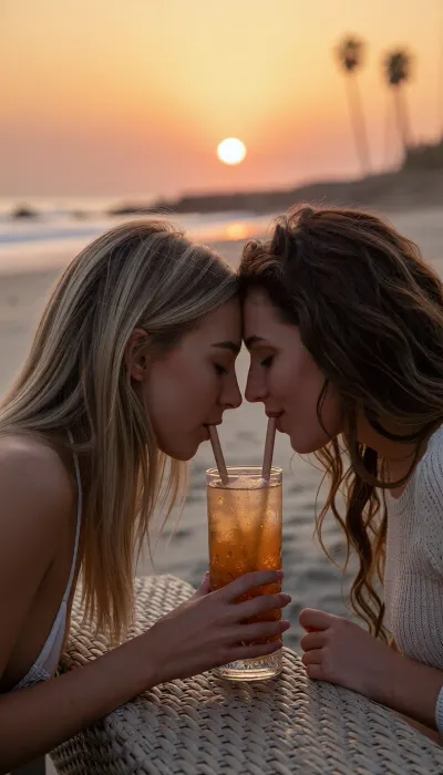 A spontaneous, intimate medium shot from head to torso, taken with an 85mm f/1.4 lens on 35mm color film. Natural late-day lighting features the golden, low-angle glow of the setting sun.

On a California beach at dusk, two naturally beautiful 24-year-old female girlfriends sit facing each other. One has long blonde hair catching the evening's golden highlights, the other has thick, wavy brown hair.
They lean toward one another over a lovely woven table, sharing a tropical cocktail from a large amber-glass tumbler, each sips through a straw dipping into the glass placed on the table. The straws may be slightly angled near their faces to fit naturally into their mouths. Their faces are very close, they have tender smiles, expressing sincere love. The blonde woman wears a swimsuit, while the brunette wears a fine-knit top with a style that is casual yet refined.

In the background, the beach stretches out gently with low waves and soft surf. The sky is ablaze with a gradient of warm hues—ranging from amber-orange to dusty pink—as the sun hangs low on the horizon, poised to dip into the sea, the sunset is both magnificent and romantic. Faint silhouettes of palm trees are visible in the distance. Subsurface skin scattering, ultra-detailed epidermal texture with visible pores and natural micro-relief, subtle expression lines at the corners of the eyes, tiny condensation droplets on the cocktail glass, high micro-contrast, raw color balance, absolute optical sharpness on faces, very soft background blur, (bokeh), .