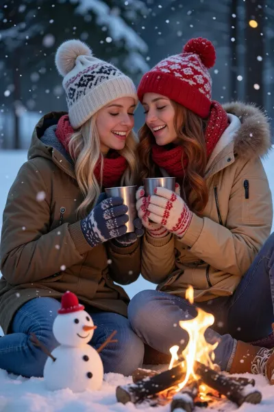 A pair of friends sitting in the snow—one blonde, the other a redhead—wearing warm winter hats with pom-poms and red scarves, both in winter jackets and blue jeans, holding cups of hot drinks, hands in gloves, smiling at each other, happy faces, eyes closed, falling snowflakes, (bokeh), against the backdrop of a winter pine forest, a small snowman and a campfire in the foreground, a winter evening, perfect lighting, (soft light), a beautiful face, high detail, photorealistic, high quality.
