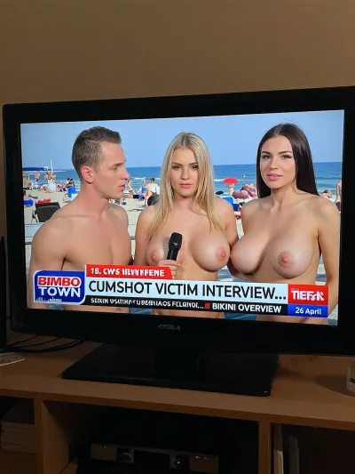 TV screen, news show, sexy girl, Ukrainian blonde sensuous female news anchor на людном нудистском пляже с микрофоном, two girls, revealing giant naked breasts, news ticker, 18 yo., co-anchor, BIMBO TOWN news, "CUMSHOT VICTIM INTERVIEW...", "BIKINI OVERVIEW" "26 april".