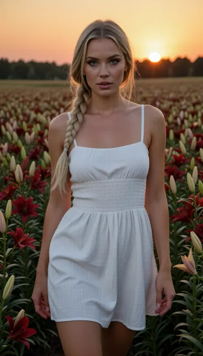 Award-winning editorial magazine photography, ultra-realistic, sunset lights, sunset orange sun, authentic skin texture, cinematic composition, perfectly aligned lilys fields.

This is a photo of a sexy skinny supermodel woman.
She is 30 years old. She has blue stunning eyes, almond shaped. Eyeliner. She has very long single braid blonde hair.
She is wearing a light white summer dress.
She is walking in the middle of the lilys field. She is looking at the camera.