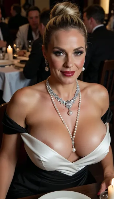 (An cute gorgeous 40yo bimbo trophy wife completely sitting in a crowded restaurant:2), blonde hair in a bun, (gigantic high round broad perky tits filling a white satin lined black off-shoulder evening dress:.001), (long elaborate pearl jewelry drawing attention to v-shaped neckline:.001), professional makeup with thick foundation, rouge on cheeks, smokey eye, plump dark red glossy lips, blushed, flushed, high cheekbone, ultrafeminine triangular face, large chin, long thin aquiline nose, long neck, (eye contact), ---
charmed, relaxed, having fun, seductive smile, ---, (very close view from slightly above), ---
low light, candlelight, cinematic chiaroscuro masterpiece, soft shadows, UHD, 8k, RAW, insane details, focus on face, shallow depth of field