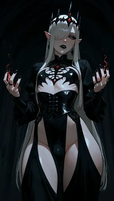 viewed from a low angle, dynamic pose, androgynous, tall, slender, (androgynous face, slender masculine face, defined features, slender male face), nonchalant, inviting, sexy, posing, perfect hands, long fingers, dark intricate rings, dark crown, seductive, (long face), pale eyes, black eyeliner, eyebags, defined cheekbones, long narrow nose, small mouth, fangs, (black lipstick on upper lip, skin tone on lower lip), narrowed eyes, (white eyebrows), pointed ears, (black faded eartips, black faded fingertips, black pointy fingers), tunnel earrings, (extremely long silky white hair, straight hair, side part, hair over one eye), flat chest, skinny waist, wide hips, (small round ass), modern vampire, pale white skin, detailed blue veins, long pointed fingers, large bulge visible under clothing, intricate medieval armor, incase, style, dark environment, darkness, edge lighting, gothic, blood magic, powerful sorcerer, <lora:Incase_Style__SDXL:1>, bloodyface, blood, <lora:lora-bloodyface-lite:.8>