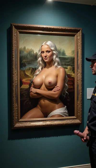 Masterpiece, 8k UHD, hyper-realistic, photorealistic, a framed oil painting in the style of Leonardo da Vinci hanging on a dark teal gallery wall, overhead spotlight illuminating the frame, the subject of the painting is of a naked brown tanned 30-year-old woman luxurious extra long wavy white-blonde hair, voluptuous body, enormous silicone enhanced breasts, naked posed exactly like the Mona Lisa, upper body only, arms crossed, slight enigmatic smile, seated, ((no clothes)), original Renaissance landscape background within the painting, all contained within the picture-frame. tonal proportions, high detail skin texture, sfumato technique, rich pigments, sharp focus, cinematic lighting, museum atmosphere. Security guard standing next to the painting his hand wanking his exposed penis.