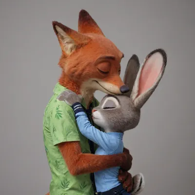 (Furry, Judy Hopps from "Zootopia":1.7), (Furry, Nick Wilde from "Zootopia":1.7), ((Disney)), kissing, cuddling.