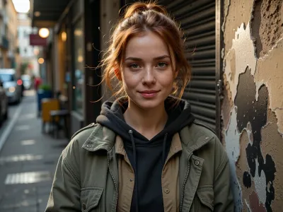 Ultra-realistic cinematic street portrait, exact recreation of the reference composition, an adult woman, 25 years old, positioned slightly right of center in the immediate foreground, framed from approximately mid-torso upward, body angled subtly toward the viewer while her face turns directly toward the lens, relaxed shoulders, calm confident posture, gentle closed-mouth smile, soft warm expression, direct eye contact, delicate natural facial structure, softly defined cheekbones, straight narrow nose, natural lips, deep green eyes, realistic asymmetry and subtle skin imperfections, medium olive-beige complexion with visible pores, fine facial texture and faint natural under-eye detail, long redhead hair loosely tied into a messy low bun, several fine strands falling naturally around her forehead, temples and cheeks, slightly windswept texture, layered worn street clothing, faded olive-gray oversized jacket with visible stitching, seams, creases and subtle stains, dark charcoal hooded sweatshirt beneath it, muted taupe shirt underneath, realistic layered collars and fabric thickness, narrow urban alleyway receding behind her toward the left, weathered wall immediately beside her on the right with peeling paint, rough plaster, graffiti traces and dark irregular patches, closed dark metal roller shutter behind her shoulder, heavily blurred background with indistinct parked vehicles, street furniture and storefront elements, warm golden-hour sunlight entering from behind and above, strong amber rim light tracing her hair and right shoulder, soft natural frontal fill on her face, glowing backlit stray hairs, tiny illuminated dust particles suspended in the air, shallow depth of field, creamy circular bokeh, 50 mm full-frame photographic look, approximately f/1.8, eye-level viewpoint, extremely sharp focus on eyes and facial skin, background strongly defocused, warm cinematic color grading, muted olive, brown and charcoal palette, soft highlight roll-off, realistic dynamic range, subtle film grain, restrained microcontrast, natural optical imperfections, documentary authenticity, photorealistic skin, fabric and masonry textures, natural facial proportions, highly detailed professional editorial photography