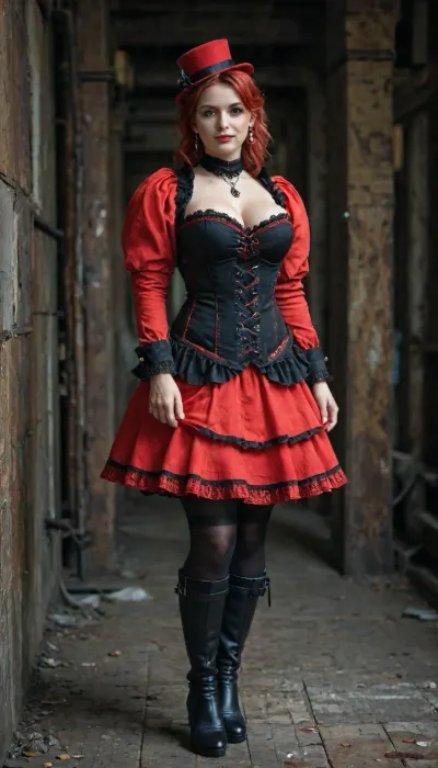 Portrait photo of, (Rias Gremory:2), 40 years old futa, hyper fat bbw midget model, with hyper thick thighs and hyper large fat round ass, gigantic cock, tummy, floppy breast. High detail and realistic eyes. Whole body with colored tattoos. Red long messy hair. Big earrings, necklace, jewellery. White Victorian Steampunk theme clothes, silk top hat, corset, mini skirt, victorian steampunk maxi coat, over knee boots. View from side, dynamic angle. Location steampunk abandoned factory, old technology, old pipes, water dripping from the pipes down on the floor, steams out pipeline, cracks on the walls, paint peeling off the walls. Colors of the location. The location is very dark, there is backlight behind the model, soft light on the model's face, cinematic. Best quality photo, 8k photo, high detail, high resolution photo.