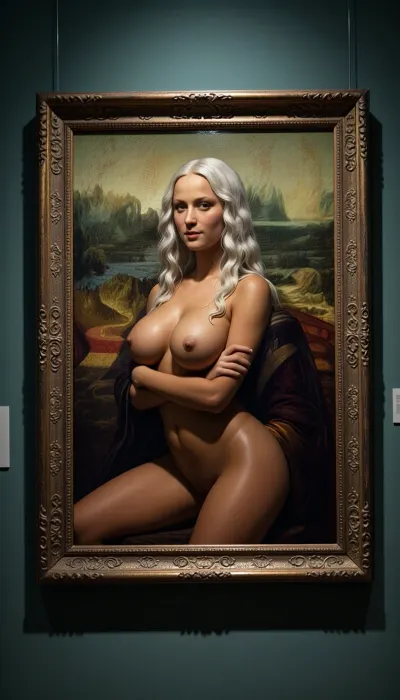 Masterpiece, 8k UHD, hyper-realistic, photorealistic, a framed oil painting in the style of Leonardo da Vinci hanging on a dark teal gallery wall, overhead spotlight illuminating the frame, the subject of the painting is of a naked brown tanned 30-year-old woman luxurious extra long wavy white-blonde hair, voluptuous body, enormous silicone enhanced breasts, naked posed exactly like the Mona Lisa, upper body only, arms crossed, slight enigmatic smile, seated, ((no clothes)), original Renaissance landscape background within the painting, all contained within the picture-frame. tonal proportions, high detail skin texture, sfumato technique, rich pigments, sharp focus, cinematic lighting, museum atmosphere.