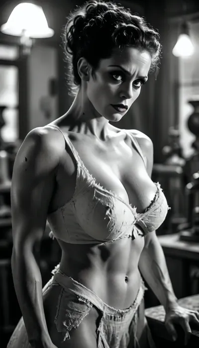 Black and white image, Sexy bride of Frankenstein, tattered clothes, in Frankenstein's laboratory, large breasts, cleavage, toned body, uberfit, muscular, athletic, <lora:MJ52:1.3>, <lora:uberfit_lora_sdxl:.2>