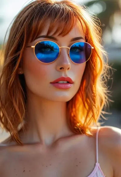 [KTA.2], smooth rendering, outdoor, artistic, low angle, portrait, 40 yo, striking belle female with a vibrant fiery-orange long bob and straight bangs, striking blue eyes with dramatic winged eyeliner, red lips, blemishes, deep shadows across her face, wearing a loose tank top, pink sunglasses resting on her head, touching her cheek, soft focus, bokeh background with a white wall, natural light, gentle shadows, warm, intimate, alluring., warm golden sunlight, natural radiant glow on skin, vibrant natural colors, warm tones, natural beauty, /KlTTY-ART/, <lora:COMFYUI_mimic_landscape_-_XL_SDXL v2.0:.5>, <lora:attractive_notrigger:.1>, <lora:MJ52:.1>