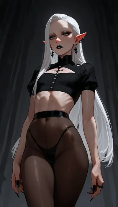 androgynous, tall, slender, (androgynous face, slender masculine face, defined features, slender male face), sexy, posing, perfect hands, long fingers, (long face), pale eyes, black eyeliner, eyebags, defined cheekbones, long narrow nose, small mouth, fangs, (black lipstick on upper lip, skin tone on lower lip), narrowed eyes, (white eyebrows), long pointed ears, (black faded eartips, black faded fingertips, black pointy fingers), (septum piercing), nose bridge piercing, snakebite lip piercings, angelbite lips piercings, detailed rings, earrings, (extremely long silky white hair, straight hair, side part), flat chest, skinny waist, wide hips, modern vampire, pale white skin, detailed blue veins, long pointed fingers, wearing a layered cropped top with short sleeves, (sheer tights, black thong), incase, style, dark environment, darkness, edge lighting, gothic, <lora:Incase_Style__SDXL:1>