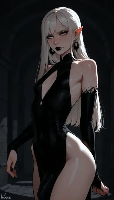 androgynous, tall, slender, (androgynous face, masculine face, defined features, slender male face), nonchalant, sexy, posing, seductive, (long face), pale eyes, black eyeliner, eyebags, defined cheekbones, long narrow nose, small mouth, (black lipstick on upper lip, skin tone on lower lip), narrowed eyes, (white eyebrows), pointed ears, (black faded eartips, black faded fingertips, black pointy fingers), tunnel earrings, (extremely long silky white hair, straight hair, side part), flat chest, skinny waist, wide hips, (small round ass), modern vampire, pale white skin, detailed blue veins, long pointed fingers, bulge, medium penis under clothing, skimpy silky flowing tunic, red and black clothing, incase, style, dark environment, darkness, edge lighting, gothic, <lora:Incase_Style__SDXL:1>