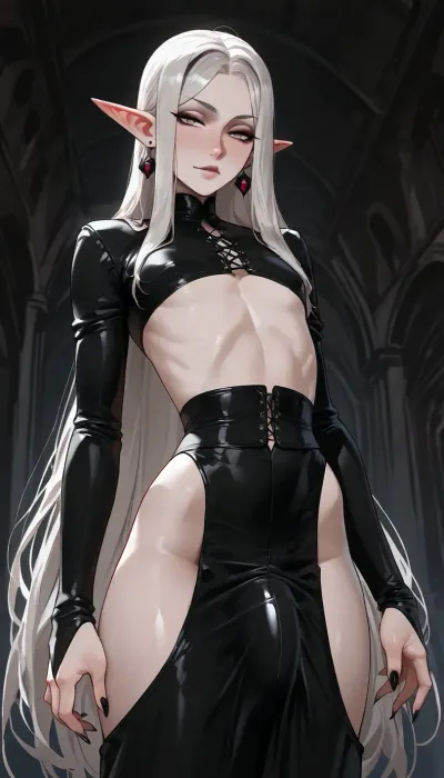 androgynous, (androgynous face, masculine face, defined features:1.2), nonchalant, sexy, posing, seductive, (elongated face, long face), pale eyes, black eyeliner, eyebags, dark eyebags, defined cheekbones, long narrow nose, small mouth, narrowed eyes, white eyebrows, eyebrow slits on one eyebrow, pointed ears, (black faded eartips, black faded fingertips, black pointy fingers:1.4), tunnel earrings, (extremely long silky white hair, side part), flat chest, skinny waist, wide hips, small round ass, vampire, pale white skin, detailed blue veins, skin pores, long pointed fingers, bulge, medium sized penis under clothing, incase, style, dark environment, darkness, edge lighting, gothic, <lora:Incase_Style__SDXL:1>