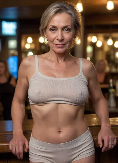 braless, a portrait of a 55 y.o mature russian woman, wearing a textured crop top, standing in a bar in the city night, natural skin, fine skin details, (wrinkles on the neck:1.2), light-colored short shorts. very wide hips. localized belly fat. protruding pubis, 50mm, motion blur, (warm ambient light:.5), (dramatic:.3), (shadows:.4), nostalgia, <lora:bralessSDXL_v1_00022:.8>, underboob, <lora:UnderboobXL:.8>