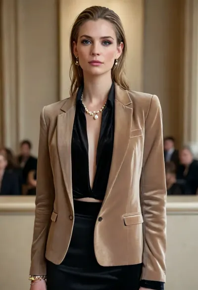 (masterpiece, best quality:1.2), 1 french 30yo woman, lawyer, (she wears a taupe colored velvet shirt, black satin blazer, long black satin skirt:1.4), accompanies a client in court, short slicked-back white blonde hair, (modern styled with jewelry, earrings, pearl bangles, pearl necklaces:1.4), bright blue eyes, photorealism, <lora:style_lora_realis:.5>, <lora:slicked-back_hair-000006:.5>