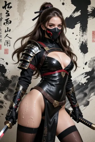Art by Li Huayi, Sumi e painting, ((tall Sexy samurai warrior)), ((Shinoby sexy samurai ninja)), ((ninja face mask:1.3)), katana, sfw, tall, brown long wavy hair, cute face, 20 years old, slim body boosty, masterpiece, geisha hairstyle, wet huge red lips, long eyelashes, sexy perfect figure, perfect composition, ((dressed leather sexy samurai armor)), ((tight leather bra, stockings)), deep decolte, naughty pose, dynamic pose, ((sumi-e painting art wall on background:1.1)), (sumi-yo black white ink painting, sumi-e art on wall on background:1.2), sumi e art on wall work of Sesshu, by Sesshu art, by Li Huayi art, by Liu Dan art, by Li Xubai art, Studio Lighting, professional photo, bichu, oil, Impressionism, sumie, ink, painting