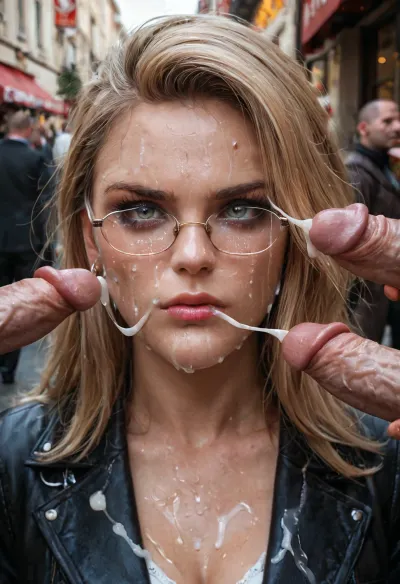 Ultra realistic, 4K, real, (only one girl), Beautiful 20y.o. fully clothed blonde Italian student sitting in the street restaurant of the small Italian city, she wears black squared study glasses, she has perfect smooth face, beautiful dark makeup, ideal supermodel face and skin. She has stern irritation by unexpected cumshot cum stream in the face., (((She recoiled sharply from the cumshot with her face showing absolute surprise))), ., (Very stern frown but surpasses face with almost crying watery eyes:1.3), (Twelve world's tiniest shortest smallest dicks pointed at her face:1.3), extremley small little cocks are cumming on her, huge public_bukkake, huge and thick cum drops leaking down her perfect face, bukkake, cum, supermodel, face, big, lips, <lora:MS_Real_XL_Bukkake:.8>, <lora:Beautify-Supermodel-SDXL:1.2>