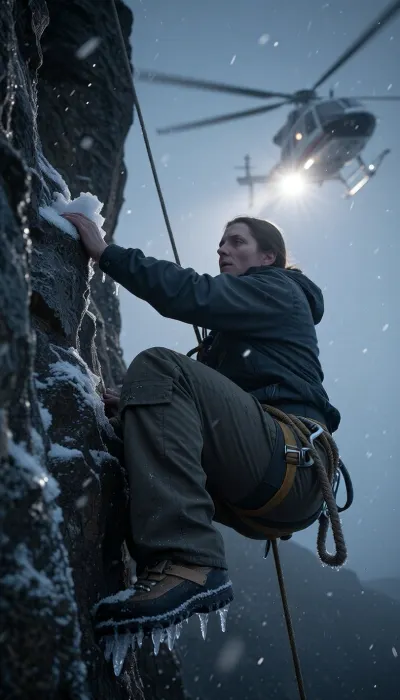 Vertical ice glazed rock face at twilight, heavy wind driving snow diagonally. The rescuer, 34, hangs locked into the wall. One hand clamped on a small frozen ledge, crampons biting shallow ice. Her other arm fully extended toward a stranded climber dangling almost horizontally in his harness, rope twisted, body limp but breathing. Her jaw set, eyes narrowed in calm concentration. Fabric creases stiff with frost, metal hardware rimed in ice. Behind them, slightly out of focus, a rescue helicopter hovers in the spindrift, rotors churning the snow into a hazy halo, searchlight diffused. Cold desaturated palette, deep shadows, subtle film grain, strong micro-contrast, no glamour, pure presence, human effort against the elements, cinematic 35mm, shallow depth of field, intense storytelling frozen mid-rescue.