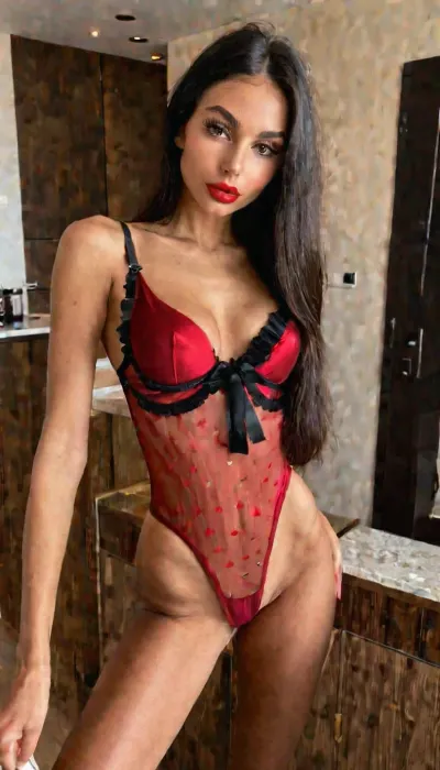 (((Girl close up))), ((light eyes)), ((face clearly visible)), ((petite girl)), (narrow shoulders), (((luxury apartment))), ((((best selfie pose)))), black beauty spot on face, ((skinny, fitness, athletic body)), 18 years old, ((((skinny girl)))), (wide hips), (((black big long eyelashes))), (makeup:1.3), beautiful, gorgeous, stunning, (((long dark hair))), thin waist, (((big lips))), (((pussy visible))), upper thighs, pretty face, (moles, pimples, spots on body), (((bodysuit, mglr, very thin transparent, open red bra, long nipples))), (view from above), view from the side, hand, (maximum photo detail:1.5), (maximum number of photos:1.5), (maximum photo resolution:1.5), (shock), <lora:MGLRbodysuit_sdxl:1.5>