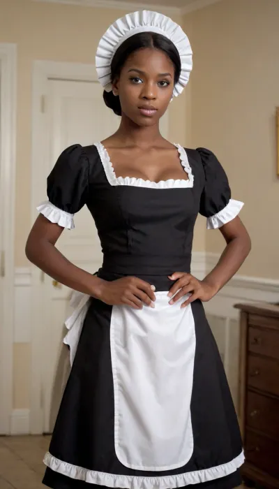 young black housemaid girl. huge tits exposed. submissive. curvy. happy.