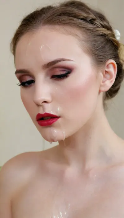 An avant-garde artistic photograph of a noblewoman, depicting the aftermath of an intense encounter. She possesses a gaze of tired indifference. Thick, opaque white fluid is draped across her forehead and interwoven into her elegant hairstyle. The fluid has a pearlescent quality, contrasting with her pale, porcelain skin. Her makeup is ruined in a beautiful, messy way, smeared crimson lips and weeping black eyeliner. The composition is focused on the juxtaposition of her high-society elegance and the visceral nature of the fluids. Soft-focus background, diffused studio lighting, reminiscent of a Vogue editorial, high fashion photography