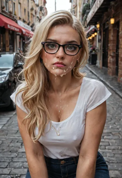 Ultra realistic, 4K, real, (only one girl), Beautiful 20y.o. fully clothed blonde Italian student sitting in the street restaurant of the small Italian city, she wears black squared study glasses, she has perfect smooth face, beautiful dark makeup, ideal supermodel face and skin. She has stern irritation by unexpected cumshot cum stream in the face., (((She recoiled sharply from the cumshot with her face showing absolute surprise))), ., (Very stern frown but surpasses face with almost crying watery eyes:1.3), (Twelve world's tiniest shortest smallest dicks pointed at her face:1.3), extremley small little cocks are cumming on her, huge public_bukkake, huge and thick cum drops leaking down her perfect face