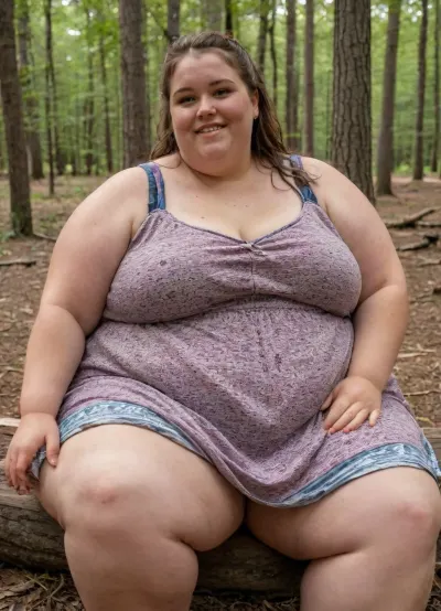 bbw girl, sitting, summer dress, sweaty body, happy smiling, woods, megachubsdxl, morbidly, obese, <lora:megachubsdxl_13:1.6>, <lora:Sweaty_Realism_4-000006:.8>