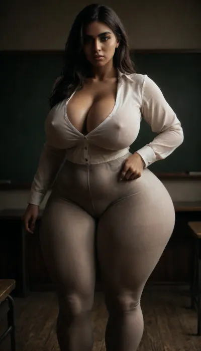 A nerdy woman, she is thicc, brown skinned, sharp facial features, Indian beauty model, ((tall thicc muscular figure, massive mommy tits, huge natural milkers)), ((huge thicc hourglass figure, thicc thighs, wide hips, curvy body, massive ass)), Curvy, body, standing next to whiteboard in classroom, she is classy, she is tall, ((she is wearing tucked in sheer red cotton full sleeve full top with formal grey cameltoe tights)), ohwx, <lora:b8174d41-8ba7-4318-bc14-53ee7e353d91.TA_trained:.8>, <lora:LCMTurboMix_Euler_A_fix:.8>, <lora:VioletMyers_SDXL_v1-000005:.8>, <lora:dark:.2>