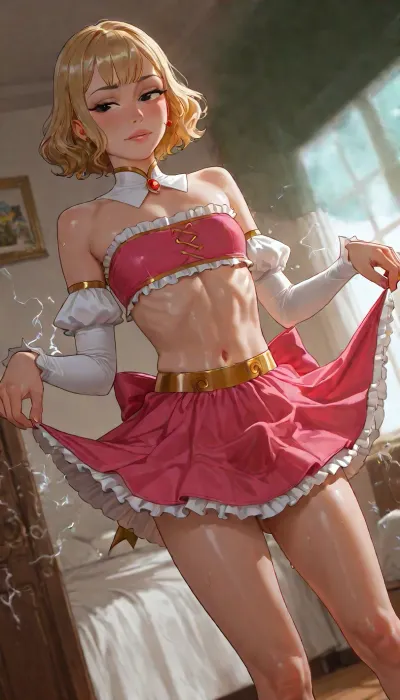 BNHA, (MHA), Hero Prodigy gets a Femboy System., Nao Ichijo, Feminine face, Feminine shoulders, flat chest, Petite arms, small erect-futa, small erect-penis, petite femboy, testicles, erection, Slender legs, Round ass, fit body, athletic body, abs, His short blonde hair, so pale it shimmered near silver, and his face both sharp and delicate. Black eyes gleamed beneath furrowed brows. His slender frame—petite, with just a hint of muscle—strained, clinging to his sweat-damp skin, cinematic close-up, The character is wearing a pink-and-white magical-femboy-inspired costume. The outfit includes, A strapless pink bandeau-style top with white ruffled trim and a thin gold band around the lower edge, Midriff exposed, A white high collar decorated with a large red-pink bow and a small gold-and-red heart-shaped ornament at the center.
White detached sleeves/gloves extending from the upper arms to the hands, with pink cuffs and ruffled detailing.
A short, flared pink skirt with layered white ruffles underneath, accented by gold trim and pale cream panels around the waist.
The skirt has a decorative gold-and-cream waistband that forms pointed accents over the hips, with visible penis bulge. Overall, the costume uses pink, white, cream, gold, and red accents, with abundant ruffles and bows for a cute fantasy/magical-girl aesthetic, The System Activates, Then his entire body, from head to toe, radiates vivid electric energy glowing blue and violet lightning pulses across his skin, crackling in sharp jolts around his arms, chest, legs, and face. His eyes glow white with mystical power, hair lifting slightly from the static energy. The atmosphere feels magical and otherworldly, with sparks dancing through the air, glowing runes faintly visible beneath their feet, and waves of electricity illuminating the surrounding bedroom, incase style, (Cartoony), incase, style, <lora:SDXL_oral_v1-000009:1>, <lora:bimboxl_02:.5>, <lora:Incase_Style__SDXL:.4>