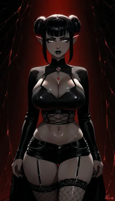 Naked gothic woman with cool porcelain-gray skin, curvy physique, narrow defined waist, broad rounded hips, thick thighs, long shapely legs, full bust, delicate, symmetrical, slightly angular face, high cheekbones, small refined nose, softly pointed chin, pale gray eyes with a subtle reddish glow around the irises, heavy smoky black and gray eye makeup, dark lashes, thin sharply shaped eyebrows, matte black lipstick, (nose bridge piercing, dimple piercings), elongated pointed ears, several subtle silver piercings, jet-black hair, short sleek bob with two messy buns, blunt bangs across the forehead, longer messy strands and spiky side sections flaring outward around her ears, (deep charcoal-black skin gradient, fading gradually into the lighter gray skin of her chest and torso), hands and forearms are similarly darkened, creating an almost supernatural shadow-dipped appearance, small jeweled navel piercing with a dark red gemstone, extremely long fingers, sharply pointed black pointy nails, wearing several thin silver rings, modern streetwear clothing, fishnet leggings, short spiderweb pattern sheer top with long sleeves, bands with spikes around thighs, low-waist dark shorts, incase, style, dark environment, darkness, edge lighting, gothic, <lora:Incase_Style__SDXL:1>