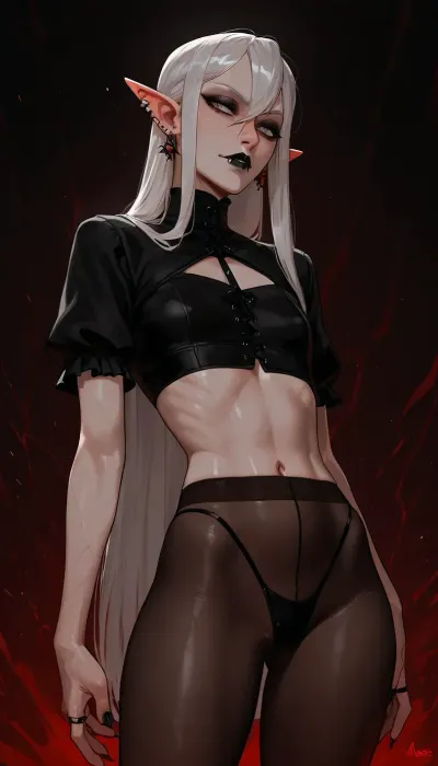 androgynous, tall, slender, (androgynous face, slender masculine face, defined features, slender male face), sexy, posing, perfect hands, long fingers, (long face), pale eyes, black eyeliner, eyebags, defined cheekbones, long narrow nose, small mouth, fangs, (black lipstick on upper lip, skin tone on lower lip), narrowed eyes, (white eyebrows), long pointed ears, (black faded eartips, black faded fingertips, black pointy fingers), (septum piercing), nose bridge piercing, snakebite lip piercings, angelbite lips piercings, detailed rings, earrings, (extremely long silky white hair, straight hair, side part), flat chest, skinny waist, wide hips, modern vampire, pale white skin, detailed blue veins, long pointed fingers, wearing a layered cropped top with short sleeves, (sheer tights, black thong), incase, style, dark environment, darkness, edge lighting, gothic, <lora:Incase_Style__SDXL:1>