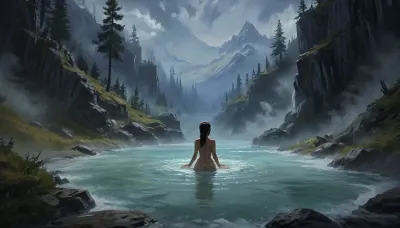 one woman, 40 year old, naked, sexy pose, hands behind head, bathing hot springs sulfur water, (sunny daytime, medieval wilderness, flat terrain, lowlands, skyrim eastmarch), very close view, (artwork, digital painting, fantasy art, loading screen art style), <lora:SumTim:.1>, <lora:J_cartoon:.2>, <lora:Sinister_Style_SDXL:.1>, <lora:EnvyAnimeDigitalPaintingXL01:.1>
