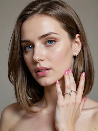 (masterpiece, best quality, photorealistic, ultra-detailed, highres, soft lighting), 1girl, gorgeus 32 years old woman.She has very white and pale skin, porseline skin texture, fit body, big blue eyes, medium lenght straight very light brown hair, slender and thin facial texture, pink lips, very realistic, soft femminen lines, shiny pink nails, small luxury earrings, wedding rings on her finger, soft backlight, close up on face