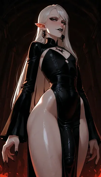 viewed from a low angle, dynamic pose, androgynous, tall, slender, (androgynous face, slender masculine face, defined features, slender male face), nonchalant, sexy, posing, perfect hands, long fingers, seductive, (long face), pale eyes, black eyeliner, eyebags, defined cheekbones, long narrow nose, small mouth, fangs, (black lipstick on upper lip, skin tone on lower lip), narrowed eyes, (white eyebrows), pointed ears, (black faded eartips, black faded fingertips, black pointy fingers), tunnel earrings, (extremely long silky white hair, straight hair, side part), flat chest, skinny waist, wide hips, (small round ass), modern vampire, pale white skin, detailed blue veins, long pointed fingers, bulge, medium sized penis under clothing, skimpy silky flowing tunic, red and black clothing, incase, style, dark environment, darkness, edge lighting, gothic, <lora:Incase_Style__SDXL:1>