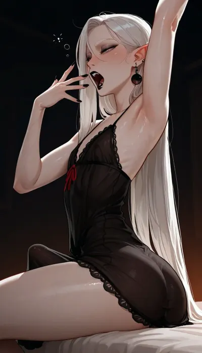 sitting on a luxury bed, stretching, yawning, waking up, viewed from a low angle, dynamic pose, androgynous, tall, slender, (androgynous face, slender masculine face, defined features, slender male face), nonchalant, inviting, sexy, posing, perfect hands, long fingers, seductive, (long face), pale eyes, black eyeliner, eyebags, defined cheekbones, long narrow nose, small mouth, fangs, (black lipstick on upper lip, skin tone on lower lip), narrowed eyes, (white eyebrows), pointed ears, (black faded eartips, black faded fingertips, black pointy fingers), tunnel earrings, (extremely long silky white hair, straight hair, side part), flat chest, skinny waist, wide hips, (small round ass), modern vampire, pale white skin, detailed blue veins, long pointed fingers, bulge, large erect penis under clothing, skimpy silky flowing nightgown, incase, style, dark environment, darkness, edge lighting, gothic, <lora:Incase_Style__SDXL:1>
