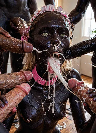(ultra black skin:4), 20 yo African female, hard pressing massive tits with hands, Nipple and areola visible, maid outfit, kitchen, kneeling, lactation, milk spraying

realistic, ashamed facial expression, pain-distorted facial expression, medium breasts, pink leather corset, blue eyes, anal fuck, rough fuck, painfull fuck, wide pink slave collar, lots of cum on her face, lots of cum on her breasts, hair pulling, living room, leash, bdsm tied up, helpless, bondage, bdsm, pierced nipples, gangbang, (cum explosion from nose:1.64), (cum explosion from mouth:1.85), random sex scene, rapefantasy, Rating_explicit, (score_9, score_8_up, score_7_up, source_bdsmrape:1.12), close up, detailed and infocus face, masterpiece, (perfect lighting:1.4), (skinny:1.4), (ultra detailed face:1.4), (ultra high detailed outfit:1.4), 8k, (high resolution:1.4), (huge dick:2.8), (whip marks:1.5), (whipped tits:1.6), ring gag, (open mouth gag:1.55), (irrumatio:1.6), (6 identical triplet girls, exactly look alike same:1.3), ((analrape spitroast)), ((large cock in mouth:1.12)), (cum explosion from mouth:1.125), (source_bdsmrape:1.48), (hyper massive cock:1.2), of the beast is to big for her little mouth, impossible fit in mouth, looking up, (trying to fit in her mouth the massive cock:1.12), (Tears:2), (bukkake:1.12), (handjob:1.5), above view, cum in mouth, cum on forehead, cum on cheeks, porn photoshoot, (huge dick), (creamy deep deepthroat:1.12), (extreme oral sex:1.4), (huge massive white dick:1.4), (cum), (hands holding hair), (huge dick:1.4), (bukakke), (cum in face, cum on body), (covered in cum), (excessive cum:1.12), (cum on face), (cum on body), (Cum in hair), photorealistic cum, thin runny cum, thick chunky cum bukkake, unwanted bukkake, 4boys, 5boys, 6+boys, multiple black men, Transparent Liquid, orgy, penis, cum, cumbath, <lora:LCMTurboMix_Euler_A_fix:2>, <lora:sd_xl_turbo_lora_v1-64dim:2>, <lora:futureistic_fantasy_anime_sdxl_v1:2>, <lora:Incase_Style__SDXL:2>, <lora:3ll3f4nning:2>