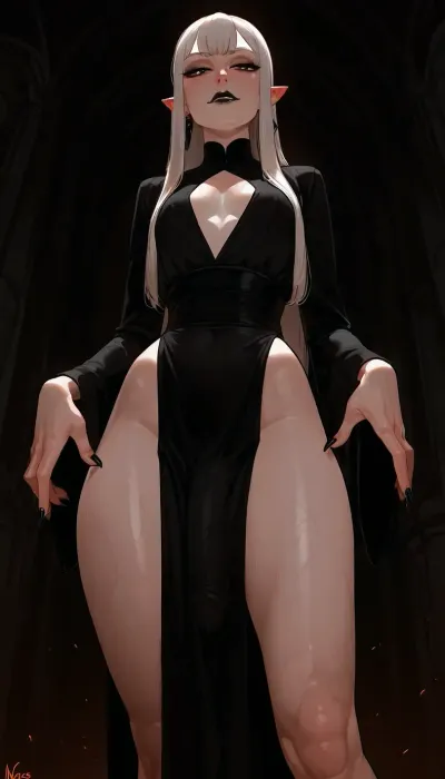 viewed from a low angle, dynamic pose, androgynous, tall, slender, (androgynous face, slender masculine face, defined features, slender male face), nonchalant, sexy, posing, perfect hands, long fingers, seductive, (long face), pale eyes, black eyeliner, eyebags, defined cheekbones, long narrow nose, small mouth, fangs, (black lipstick on upper lip, skin tone on lower lip), narrowed eyes, (white eyebrows), pointed ears, (black faded eartips, black faded fingertips, black pointy fingers), tunnel earrings, (extremely long silky white hair, straight hair, side part), flat chest, skinny waist, wide hips, (small round ass), modern vampire, pale white skin, detailed blue veins, long pointed fingers, bulge, medium sized penis under clothing, skimpy silky flowing tunic, red and black clothing, incase, style, dark environment, darkness, edge lighting, gothic, <lora:Incase_Style__SDXL:1>