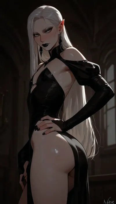 androgynous, tall, slender, (androgynous face, masculine face, defined features, slender male face), nonchalant, sexy, posing, seductive, (long face), pale eyes, black eyeliner, eyebags, defined cheekbones, long narrow nose, small mouth, (black lipstick on upper lip, skin tone on lower lip), narrowed eyes, (white eyebrows), pointed ears, (black faded eartips, black faded fingertips, black pointy fingers), tunnel earrings, (extremely long silky white hair, straight hair, side part), flat chest, skinny waist, wide hips, (small round ass), modern vampire, pale white skin, detailed blue veins, long pointed fingers, bulge, medium penis under clothing, skimpy silky flowing tunic, red and black clothing, incase, style, dark environment, darkness, edge lighting, gothic, <lora:Incase_Style__SDXL:1>