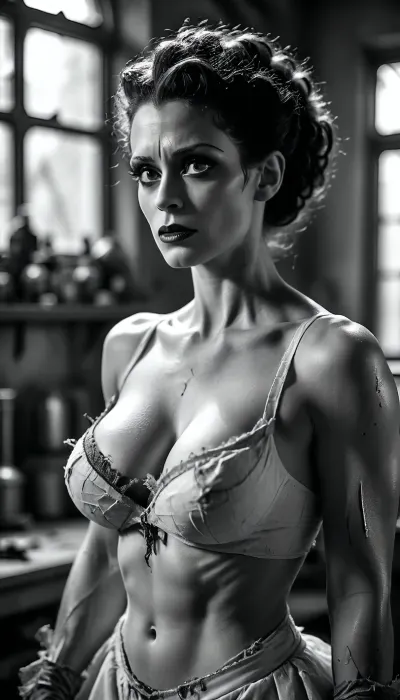 Black and white image, Sexy bride of Frankenstein, tattered clothes, in Frankenstein's laboratory, large breasts, cleavage, toned body, uberfit, muscular, athletic, <lora:MJ52:1.3>, <lora:uberfit_lora_sdxl:.2>