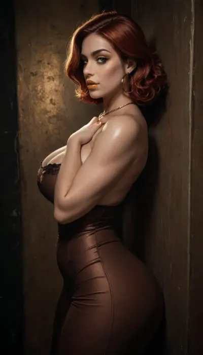((reiq style)), score_9, score_8_up, score_7_up, African, bbw milf, thick thighs. Straight redhead hair. diva makeup, yellow lipstick, yellow eyeshadow, long eyelashes. big earrings, necklace. wide decollete. fully clothed. Yellow background. View from side., <lora:dark:.6>, <lora:sdxl_darkflash_v6-000060:1>, <lora:Rawfully Stylish v0.2_epoch_20:.8>