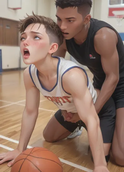 ((anime style)), (Thick outline:1.4), ((Cartoon Style:1)), ((Hentai)), (seen from the side), gay, interracial, indoor basketball court, slim twink in working clothes, slender, petite, shaved pixie cut, freckles, twink slut getting fucked by a massive black man. Anal sex, getting fucked from behind, doggystyle, a big black man, large penis, (body shaking orgasm, screaming orgasm), score_9, score_8_up, score_7_up, score_6_up, style anime, inspired illustration, oda, non, front view, <lora:outline_xl_kohaku_delta_spv5x:1.9>, <lora:cartoon_stickers_xl_v1:.5>, <lora:AshMilkshake_Illustrious_v1:1.1>, <lora:NEOTOKIOXL_0.2_RC:.5>, <lora:Ppolar-P3v1-NbVp10:.8>