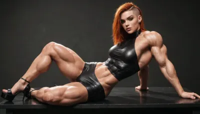 One statuesque androgynous woman from sideview showing the visible side-boob of flat muscular chest, very broad shoulders, pale abs, very slender, skinny very busty goth with ginger hair, albaster white skin, perfect female-face, black eyliner, clad in skintight black nitted-dress, looking at viewer with bright green eyes, fully clothed, only revealing the side swell of her very large and rounded pecs, crossing her long muscular legs and propping one feet up on desktop, Liz, Crimson, hair, green, eyes, bobcut, @hrypctls1, massive triangular-chest, dall3test, 25cm high heels, big, muscle, very long-legs, hyper, huge, long arms, <lora:Liz_SDXL:.8>, <lora:Microwaist_XL_v01:1>, <lora:@hrypctls1.v1.concept.sdxl_epoch_3:1.8>, <lora:dalle3paintstyle:.8>, <lora:bodybuilder:.8>