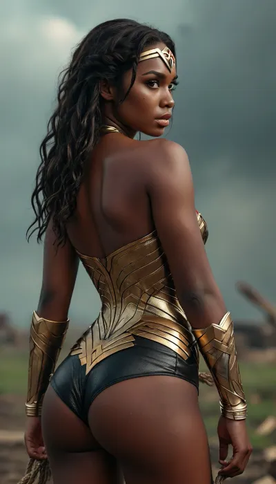 8k, best quality, (masterpiece), (intricate details), ((rear view)), super sexy 25 year old African female dressed as a Wonder Woman, ((very dark skin:1.4)), Long black braided hair, perfect eyes, perfect face, perfect lighting, 4beautiful, high detail, octane render, detailed eyes, sexy, walking away, view from behind, holding golden lasso, mysterious, (full-body shot from a distance), standing in the center of a tornado with debris blowing around her, huge natural breasts, round buttocks, curvy thighs, curvy round hips, wide thigh gap, tight round ass, <lora:MJ52:1.5>
