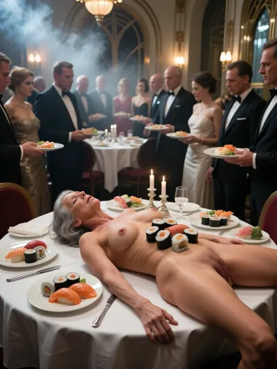 A wide shot, an ultra-photorealistic artistic food photograph, a cinematic setting of an Art Deco restaurant. In this restaurant, an elderly woman lies motionless on her back on a round table covered with a white tablecloth. The composition, a slightly low-angle profile shot, emphasizes the old woman. The surroundings gradually fade into a soft artistic blur, revealing a refined Art Deco restaurant. A dozen elegantly dressed guests stand around the table, plates in hand. Only luxurious sushi, maki, and sashimi are arranged on her body with meticulous artistic precision, sushi on her chest, maki on her stomach, sashimi on her thighs… The lighting, blending the soft glow of candlelight with dramatic backlighting, creates a mystical and timeless atmosphere, both elegant and dreamlike, thanks to volumetric beams diffusing smoke and dust. Selective focus, creamy bokeh, volumetric lighting, rich color grading, and hyperrealistic textures with exceptional sharpness. Each guest is unique, with their own particular attitude and attire. Jasmin's vaginal cavity is filled with rollspring. The perineum shows noticeable tension. No plates are on the table., (An aged woman, 70 years old:1.8), . Her skin is that of a 70-year-old woman. The old lady has gray hair, (Small, long, and very saggy breasts:1.8), ((very detailed skin)), . Bob haircut, long, sagging, supple breasts, sagging breasts, flat breasts, flat stomach, slim waist, slight skin imperfections.