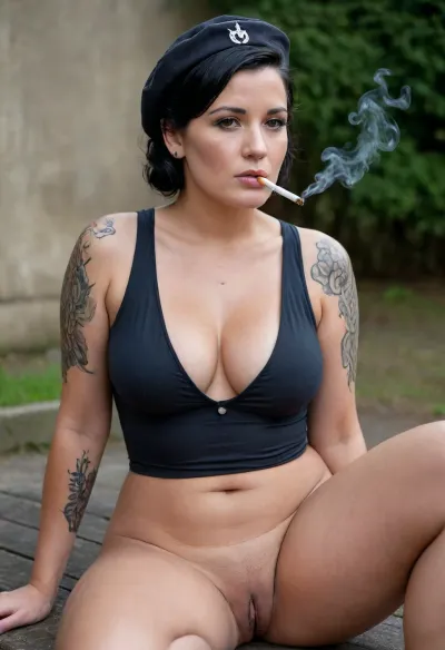 beautiful sexy curvy 35 year old black hair woman smoking 1 cigarette sitting down, wet body, smoking a cigarette, German world war2 uniform, breast exposed, tattoos, bush