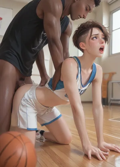 ((anime style)), (Thick outline:1.4), ((Cartoon Style:1)), ((Hentai)), (seen from the side), gay, interracial, indoor basketball court, slim twink in working clothes, slender, petite, shaved pixie cut, freckles, twink slut getting fucked by a massive black man. Anal sex, getting fucked from behind, doggystyle, a big black man, large penis, (body shaking orgasm, screaming orgasm), score_9, score_8_up, score_7_up, score_6_up, style anime, inspired illustration, oda, non, front view, <lora:outline_xl_kohaku_delta_spv5x:1.9>, <lora:cartoon_stickers_xl_v1:.5>, <lora:AshMilkshake_Illustrious_v1:1.1>, <lora:NEOTOKIOXL_0.2_RC:.5>, <lora:Ppolar-P3v1-NbVp10:.8>